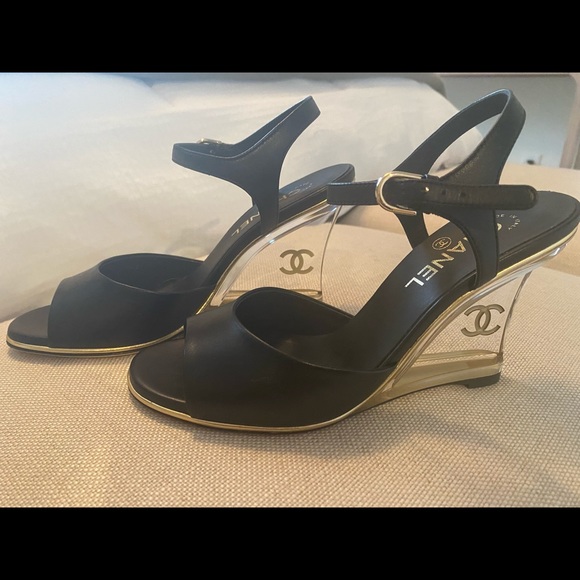 CHANEL, Shoes, Chanel Crystal Clear Wedge Black Lambskin 385